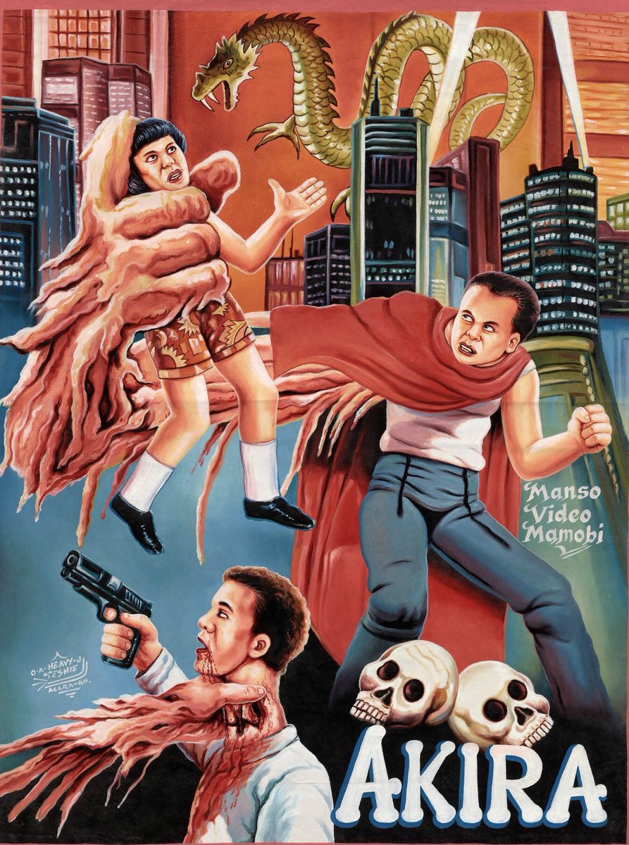 mutokuten's tweet image. Between 70’ and 2000´, because of excessive licensing and printing costs, some African cinemas hired artists to create posters for the films screened.  Problem: some artists did not see the film they were drawing. Here’s Akira (Katsuhiro Ōtomo, 1988). 🎬🍿