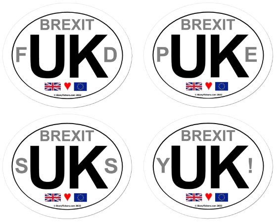 Which UK car sticker design best reflects your views on Brexit? Check out our Brexit-themed UK car stickers at StonyTickers.com. #RejoinEU #Brexit #Rejoin #BrexitHasFailed #StonyTickers #BrexitsUKs
