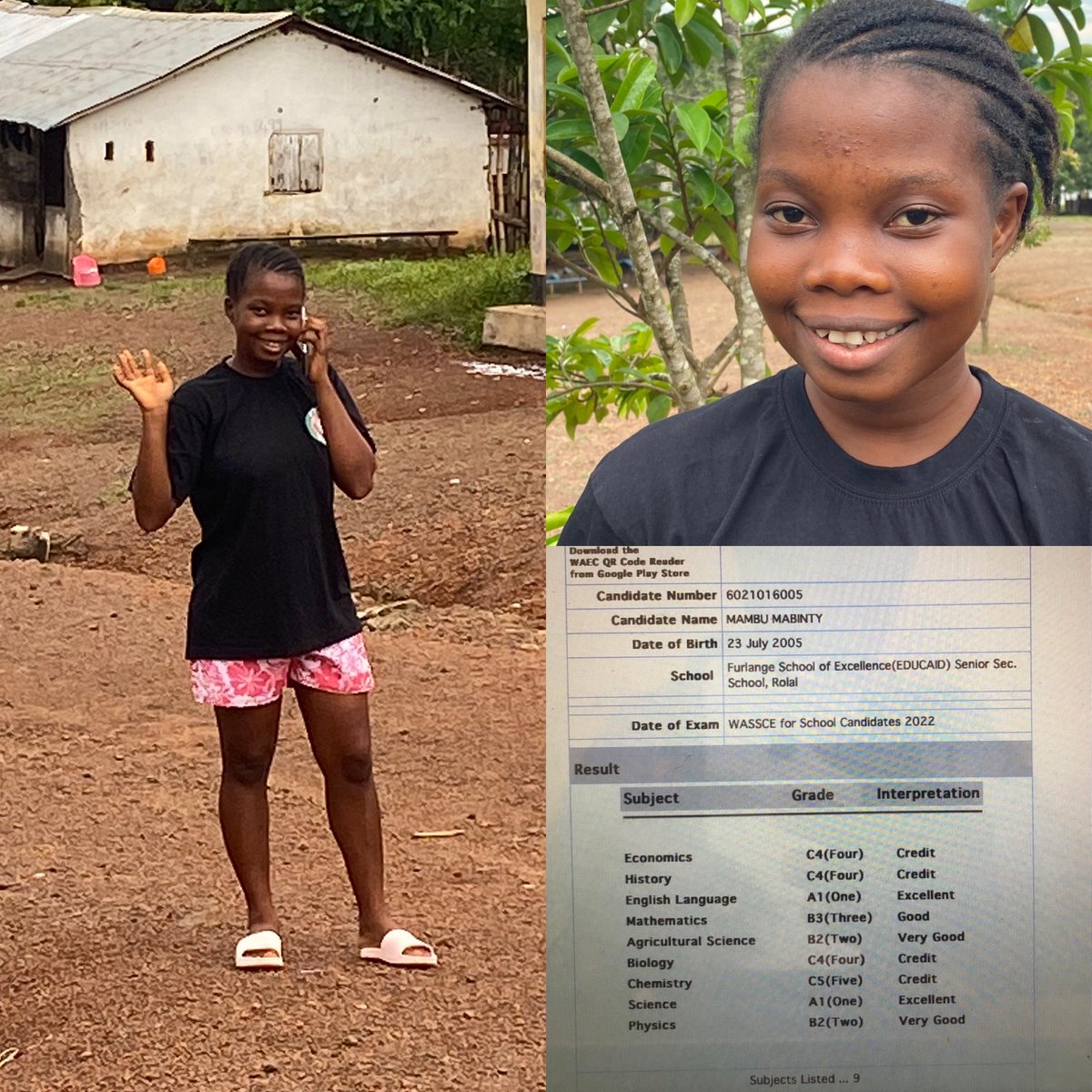 EducAidSL's tweet photo. Mabinty Mambu co-recorded 300+ radio lessons for @LeoneTeaching national broadcast & now look!!! Hard work pays off! She’s done a fantastic job in her WASSCE (part of top ten school #EducAidRolal) #EducAidAlwaysClimbing #EducAidIsTheAnswer #EducationIsTheAnswer @dsengeh https://t.co/szx1lVnfCi