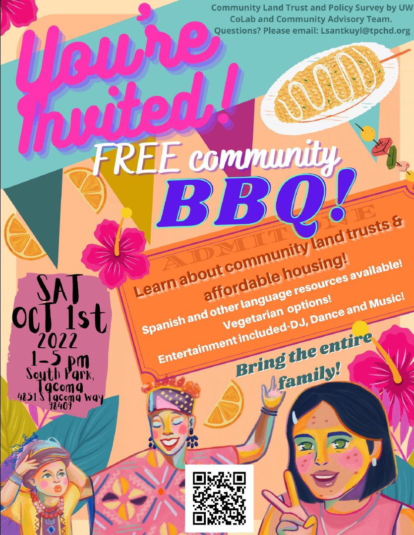 The only thing better than a free community BBQ is one where you can also learn about local action on affordable housing & #CommunityLandTrusts!

Come out to South Park (4851 S Tacoma Way, Tacoma, WA 98409) THIS Saturday, 10/1 from 1-5 PM for fun, food, and more about #CLTs!