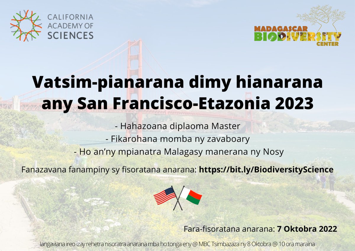 🔔🔔🔔Pursuing @mbc_madagascar commitments to train and support Malagasy students. Five fully funded scholarships for Masters degree in the US with @calacademy #Malagasy #Biodiversity