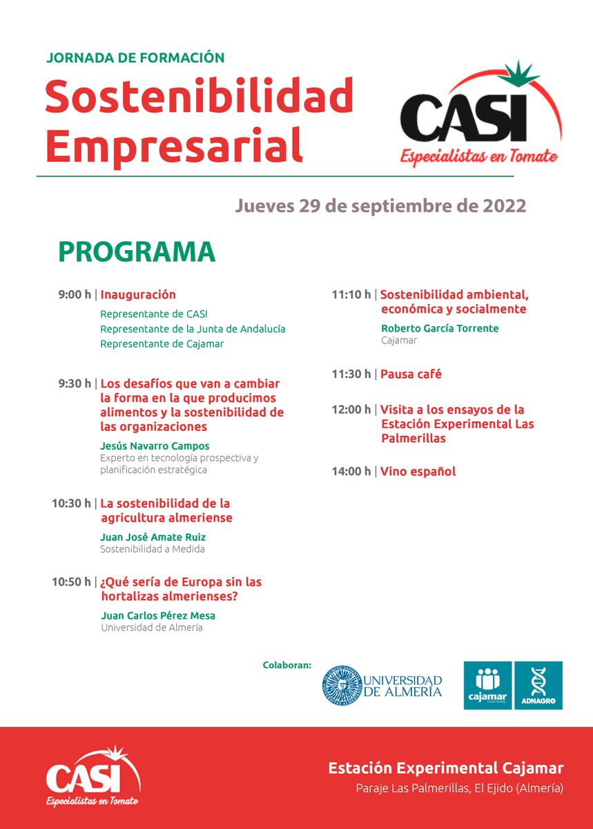 Mañana <a href="/juanjoamate/">Juanjo Amate</a> participará en estas jornadas de formación en #sostenibilidad empresarial que organiza <a href="/cooperativacasi/">CASI - Especialistas en Tomate</a> junto con <a href="/cajamar/">Grupo Cajamar</a> y <a href="/ual/">University of the Arts London</a>. Será todo un reto inspirar nuevos modelos de gestión para responder a los retos que afronta el sector agrícola.