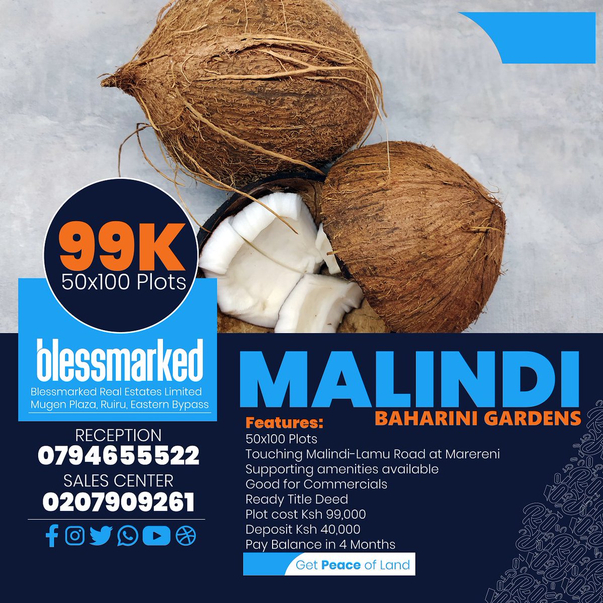 MyPropertyKe's tweet photo. Baharini Gardens, Malindi. 50x100 at 99k. Touching Malindi-Lamu Road at Marereni. Project has Title Deed. Deposit 40K, balance in 3 Months. Call  Sales Team on 0794655522 or 0207909261. Click to Call on Internet https://t.co/H3uuMqUZAK (FREE). #Blessmarked #GetPeaceOfLand https://t.co/K72Icdd0Rc