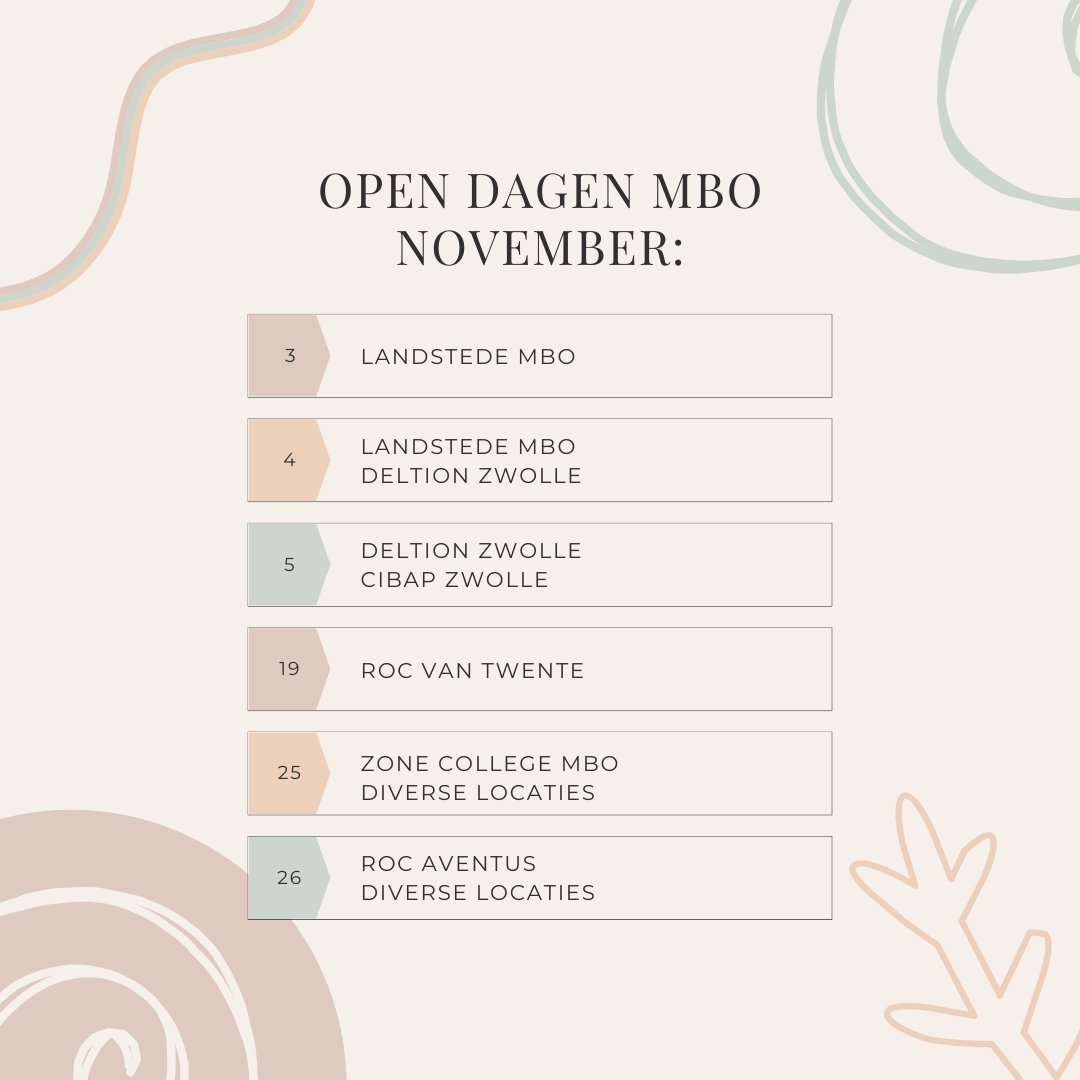 DecanaatMCT's tweet photo. Alle open dagen van het MBO op een rijtje, dus pak je agenda en noteer ze snel!
#LOB #MontessoriCollegeTwente #MBO https://t.co/UHF0gmWhUL
