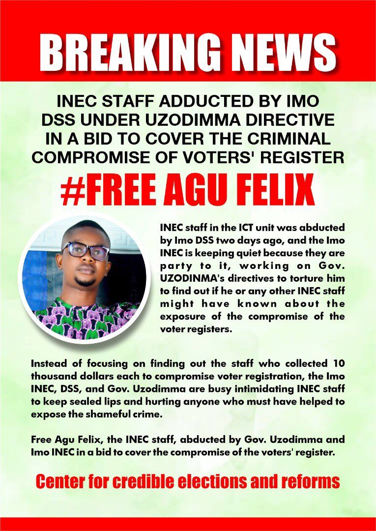 DSS and Hope Uzodimma have started the rigging of election through the voters register. This my cousin has been in DSS custody since Friday because he refused to compromise. Please help retweet #FreeAguFelix Mr Ibu Labour Party Lekki Toll gate Seyi Makinde Bukka hut