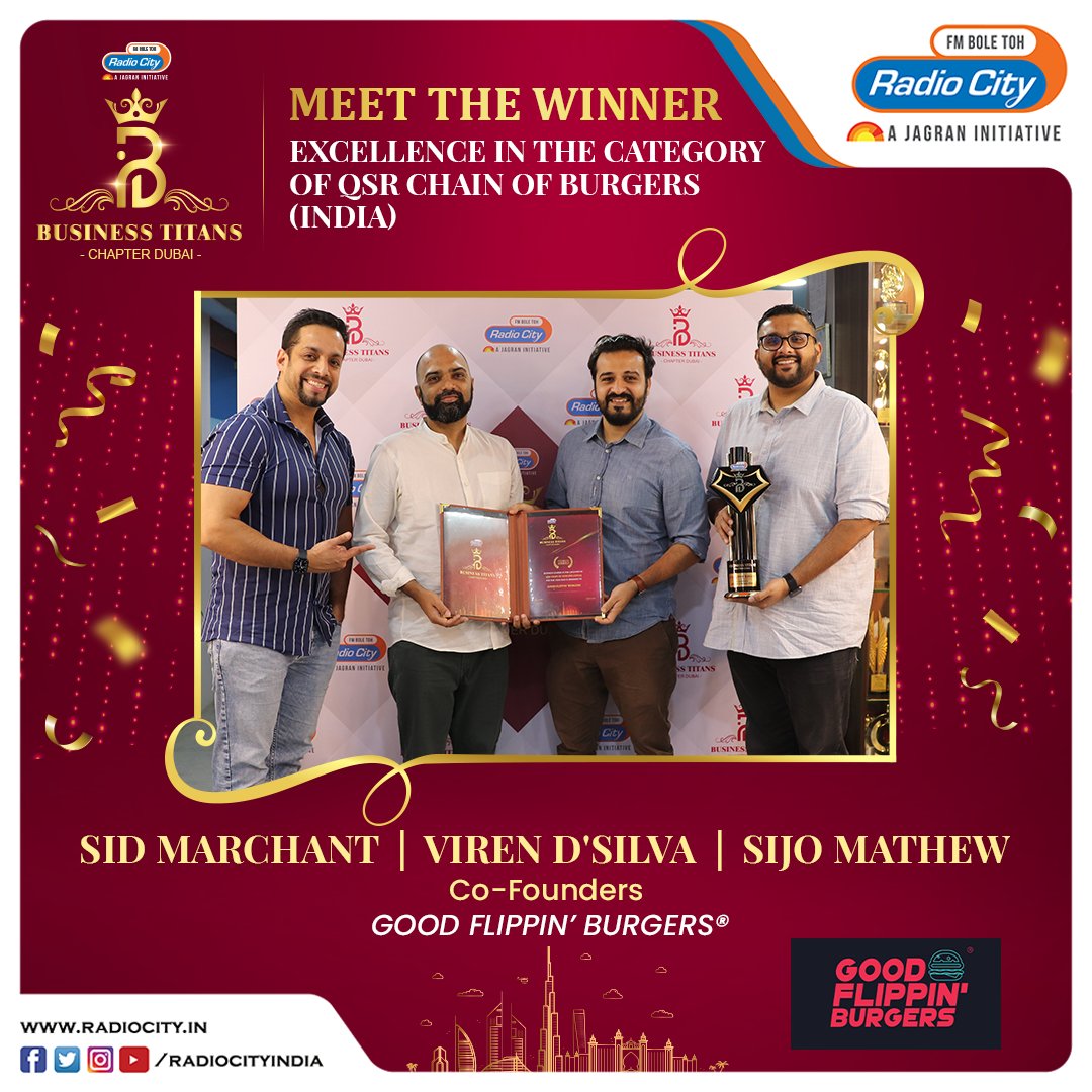 radiocityindia's tweet photo. Congratulations to @russellsid, @VirenDsilva &amp; Sijo Matthew of Good Flippin' Burgers for winning at the Radio City Business Titans Awards - Chapter Dubai

https://t.co/PPIN1XmsAh
https://t.co/siZika2b05 

#RadioCityBusinessTitans #BusinessTitansAwards #GoodFlippinBurgers https://t.co/CWIP6Eu52D