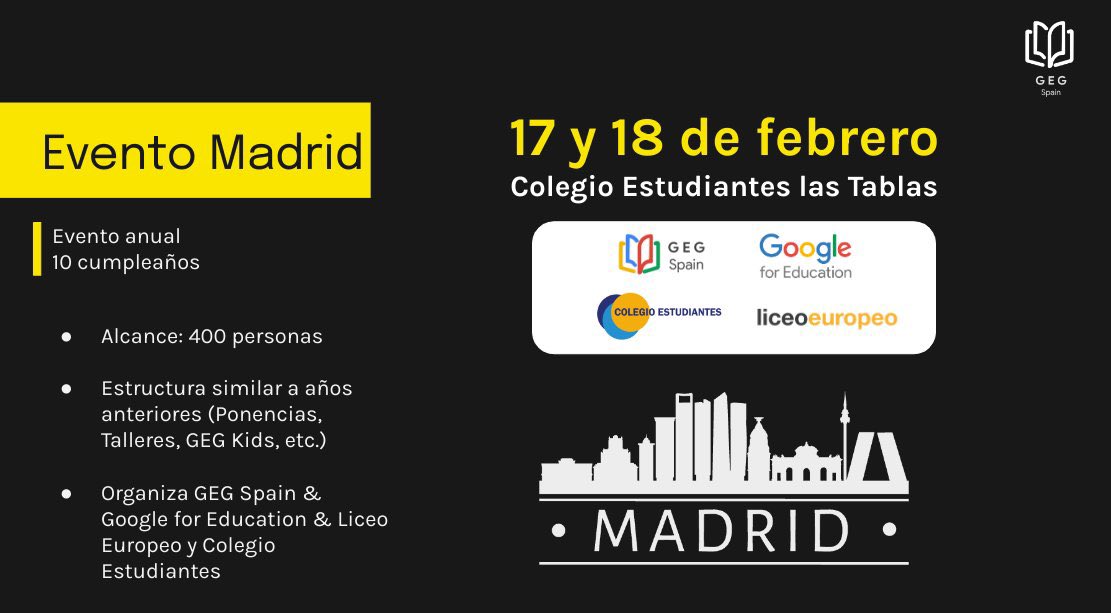 Este año el evento anual coincide con el 10° aniversario y se celebra en nuestro centro 🥳

📅 17 y 18 de febrero #savethedate 

<a href="/GEGSpain/">GEG Spain</a> <a href="/GoogleForEdu/">Google for Education</a> <a href="/LiceoEuropeo/">Liceo Europeo</a>