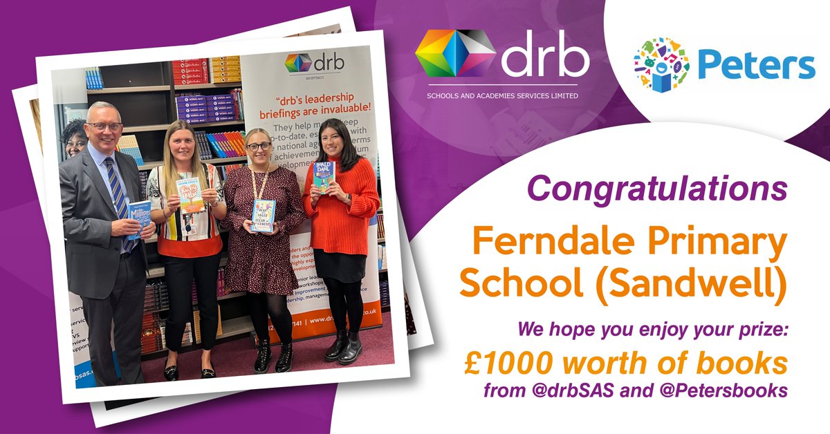 drbSAS's tweet photo. Congratulations to @FerndalePrimary School, winners of our competition with @Petersbooks!
 
Pictured below (L to R) collecting their prize of £1000 worth of books: Doug Skinner from @drbSAS, Nicola Poole &amp; Aimee Cross from Ferndale Primary School and Hayley Durston from Peters https://t.co/TtiHZxitCG