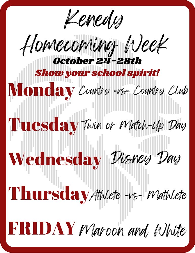 🎉HOMECOMING Week of October 24th🎉

Big homecoming week coming up. Here’s a glance at the themes for the week! Get ready for a fun filled week!