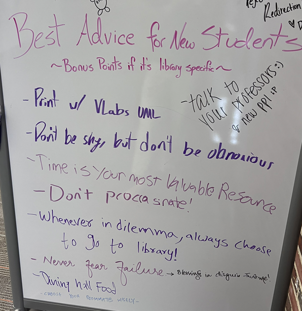 UMLlibraries's tweet photo. Whiteboard Wednesdays - We asked. You answered!
What is your best advice for new students? 
(Bonus points if it's library related!)
#umllibrary #umasslowell https://t.co/AbEnXvcvVV