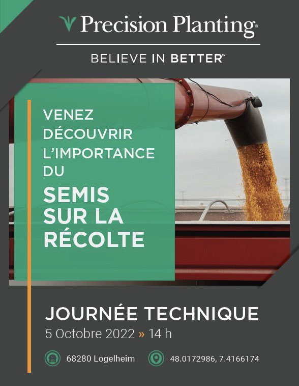 Journée technique à propos impacts du semis sur la récolte. 
Au programme, des sujets tels que : 
-Maintenance du semoir 
-Choix de la pression appliquée au sol
-Fermeture du sillon
-Fertilisation …

Et tant d’autres ! Venez nombreux