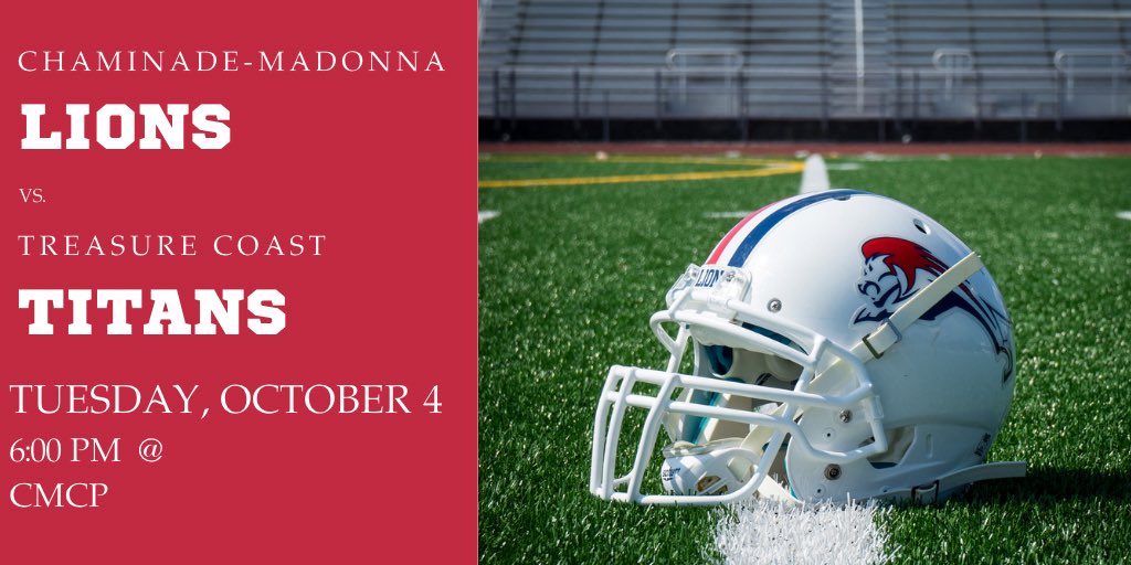C-M Lions Athletics (@cmlions_sports) on Twitter photo The CMLions football game vs. Treasure Coast originally scheduled for this Fri., Sept. 30 has been rescheduled. The game will take place at 6PM Tuesday, Oct. 4. Tickets are on sale now at cmlions.org/athletics/tick… The CMLions football game vs. Treasure Coast originally scheduled for this Fri., Sept. 30 has been rescheduled. The game will take place at 6PM Tuesday, Oct. 4. Tickets are on sale now at cmlions.org/athletics/tick…