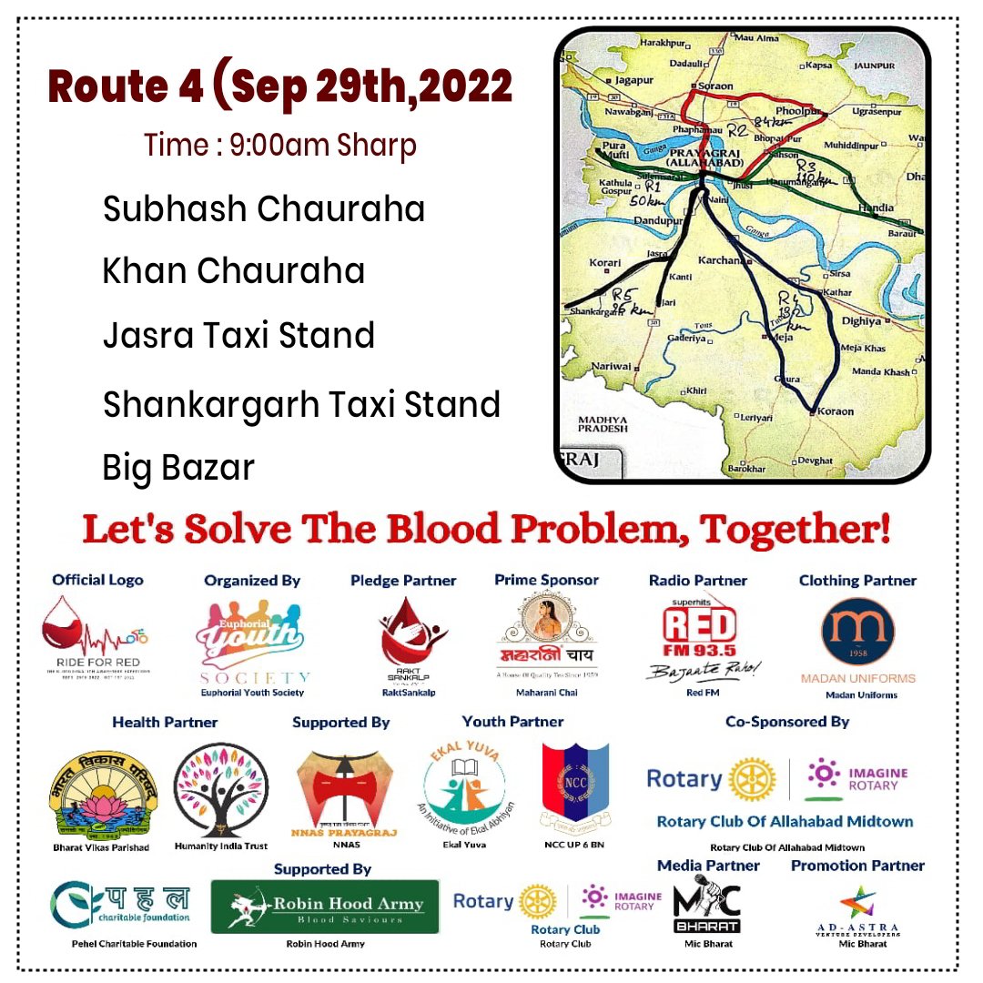 RideForRed's tweet photo. Ride For Red Expedition 4th Day Route ...
Do Join us on 29 Sep,2022. At 9:00AM Sharp.

Shubhash Chauraha

Khan Chauraha

Jasra Taxi Stand

Shankargarh Taxi Stand

Big Bazar

@raktsankalp 

.
.
.
#RideforRed #RobinHoodArmy #RHA #Robinhood #Ride_For_Red https://t.co/llIKzZehlH