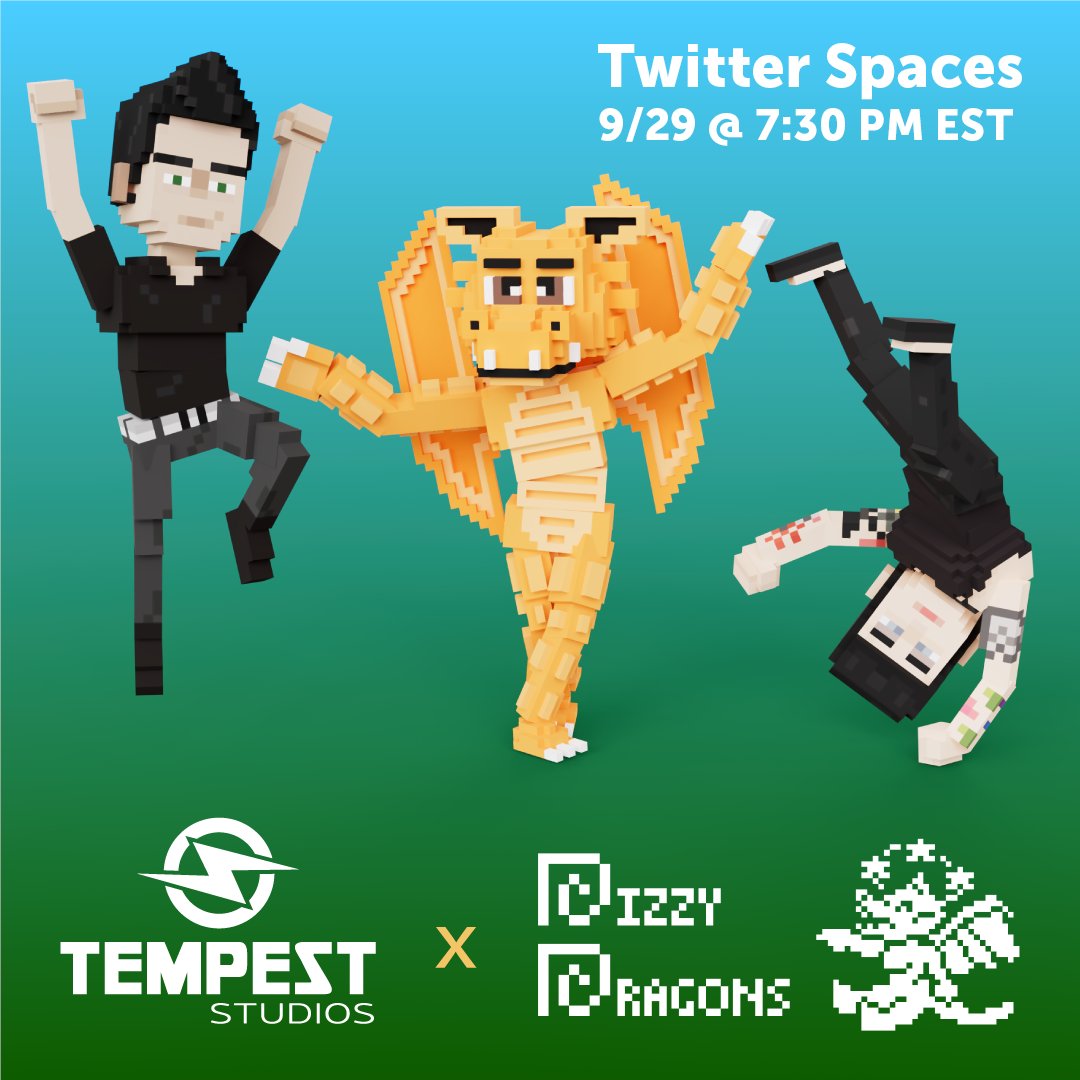 DizzyDragonsNFT's tweet photo. Dizzy Twitter Spaces tomorrow @ 730pm EST 💫 

We'll be joined by @TempestStudios to talk about @TheSandboxGame, our partnership and more 🔥

https://t.co/PLCseqBxVn https://t.co/AwFP28SD4l