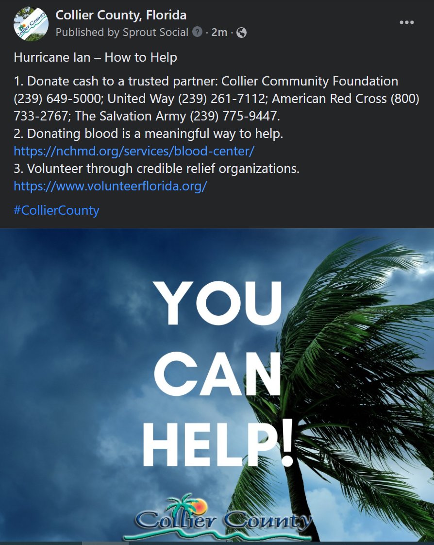 CollierGov's tweet photo. You Can Help! #CollierCounty
Donate cash: Collier Community Foundation (239) 649-5000; United Way (239) 261-7112; American Red Cross (800) 733-2767; The Salvation Army (239) 775-9447.
-Donating blood: https://t.co/WhZwTlZFhs
-Volunteer: https://t.co/MTOIk8XxFq https://t.co/iLN6Wc8rJd