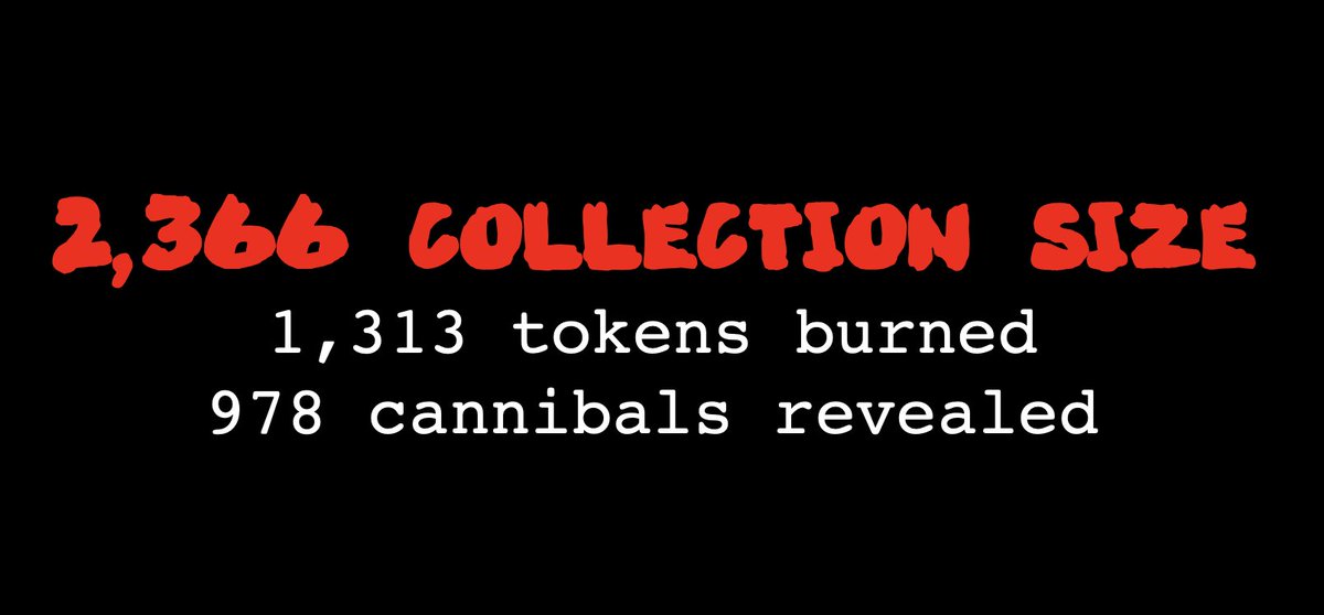 UPDATED COLLECTION SIZE

🔥1,313 tokens burned. 
💀978 cannibals revealed. 
🏆Which cannibal has feasted the most? 

🔔 Announcement soon regarding the reward for the cannibals that have been... busy.

#thecannibals #feast