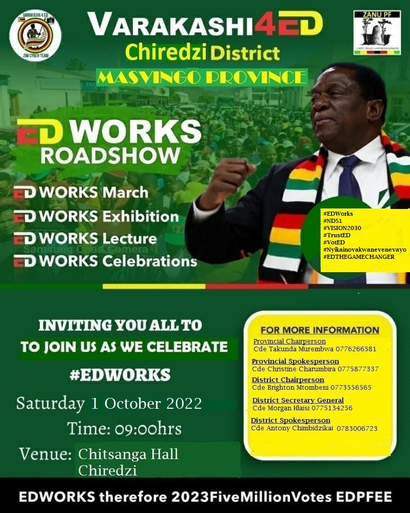 Varakashi4EDmsv's tweet photo. Chiredzi is more than ready to host Varakashi4ED Roadshow. #Chiredzi leadership @Varakashi4ED @HMatelity @chrissy10charu @TendaiChirau @TendayiZinyama @GwavengaR @edmnangagwa @zanupf_patriots @ZANUPF_Official @V4EDharare @Varakashi4edByo @Varakashi4edC @KMutisi @DeptCommsZW https://t.co/EbJqRkGZnQ