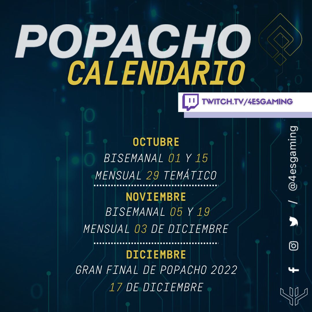 4esGaming's tweet photo. #4esGamer #Popacheros
Les compartimos el calendario de #Popachos que tendremos en el ultimo trimestre de este 2022.
¡Los esperamos!
#SSB #4esGaming https://t.co/DpBh0P0kyr