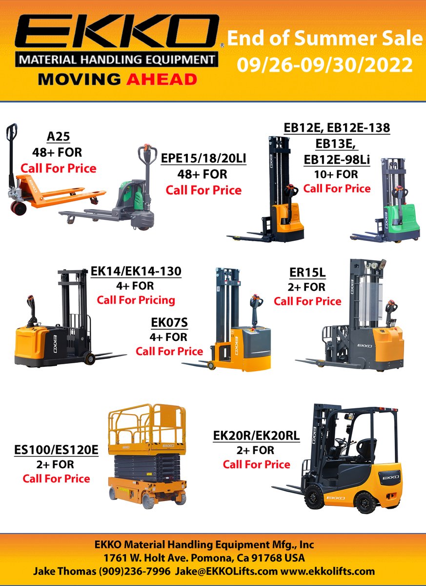 EkkoBy's tweet photo. Exclusive discount offers for you at EKKO's end of the summer sale!
#ekko #ekomhe #ekkolifts #forklifts #pallettrucks #straddlestackers #scissorlifts #palletjacks #counterbalancelifts #stackers #lithiumreachtruck #reachtruck #standupriderreachtruck #standupforklift https://t.co/EXe5ZaL8QO