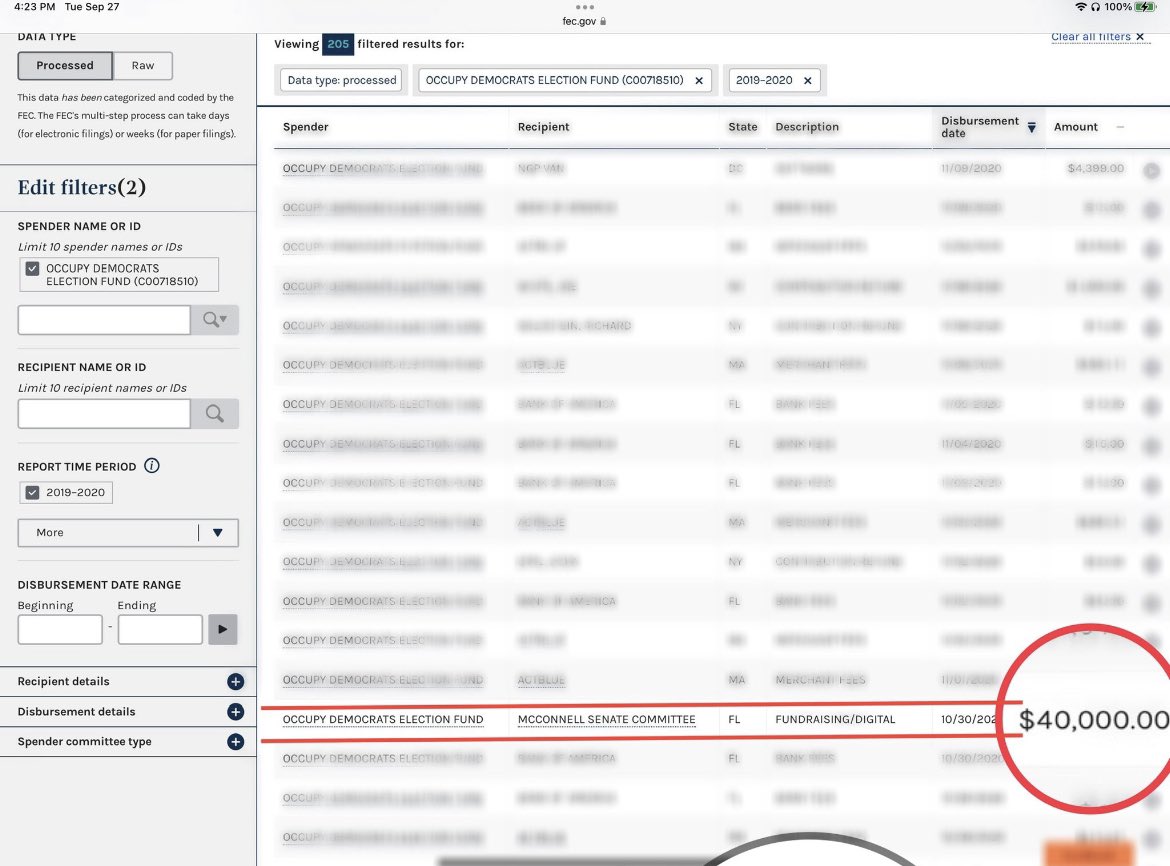 Why is there a $40,000 disbursement from the Occupy Democrats Election Fund PAC to Mitch McConnell for ‘fundraising/digital’ in their FEC filing on 10/30/20? If this is a ‘clerical error’, it’s the mother of all clerical errors.