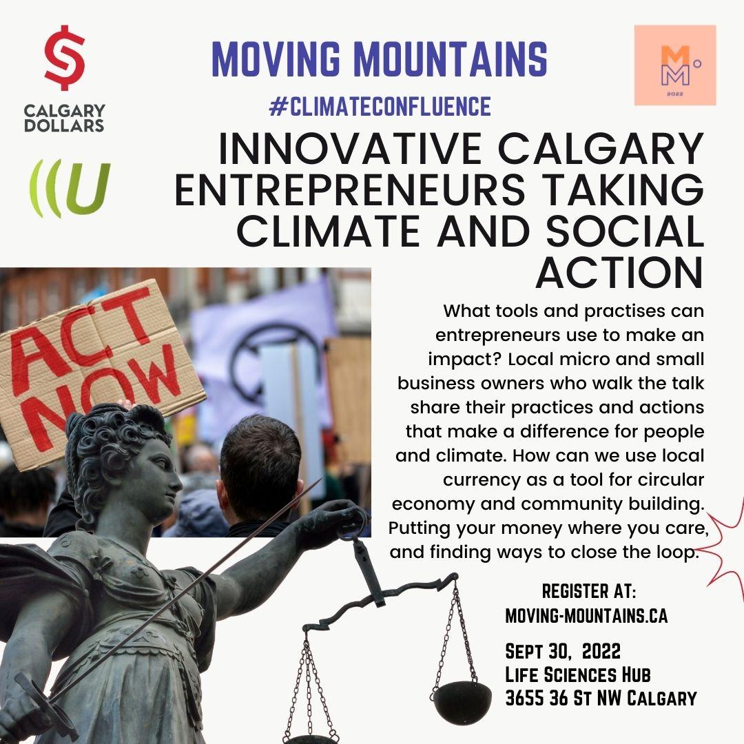 Check out this Moving Mountains workshop at the Life Sciences Hub at the University of Calgary on September 30th, Friday! 

Register for Moving Mountains Here: 
moving-mountains.ca

@calgarydollars 
#climateconfluence #movingmountains