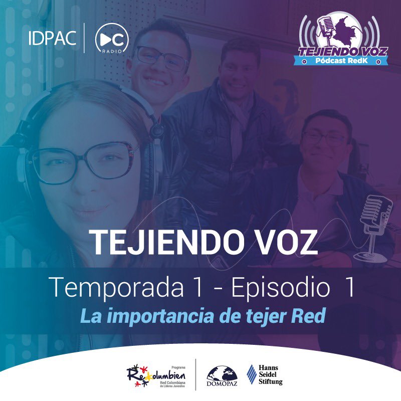 🎙¡Ya está aquí Tejiendo Voz! 

El #Podcast de la <a href="/RedKolumbien/">Red Colombiana de Líderes Juveniles-Red Kolumbien</a>. Escúchalo en Spotify, el cual invita a reflexionar sobre la importancia de tejer red. 🧶 

Un proyecto de:
<a href="/redkolumbien/">Red Colombiana de Líderes Juveniles-Red Kolumbien</a>
<a href="/domopaz/">FUNDACIÓN DOMOPAZ</a> 
<a href="/hannsseidelcol/">Hanns Seidel Stiftung Colombia</a> 

Producido por: #DCRadio y <a href="/BogotaParticipa/">Participación Bogotá</a>