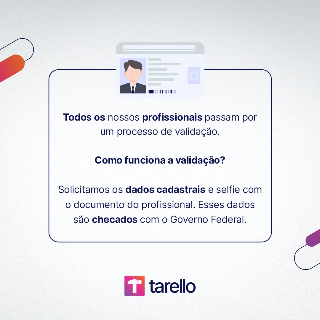 Tarellobr's tweet photo. Prezamos pela qualidade e segurança que os nossos prestadores de serviços passam para os clientes.

É por isso que para um profissional ser aprovado em nossa plataforma ele passa por um rigoroso processo de avaliação.

Arraste para o lado e confira!

#tarello #serviços #avaliação https://t.co/bYtG8nNGkL