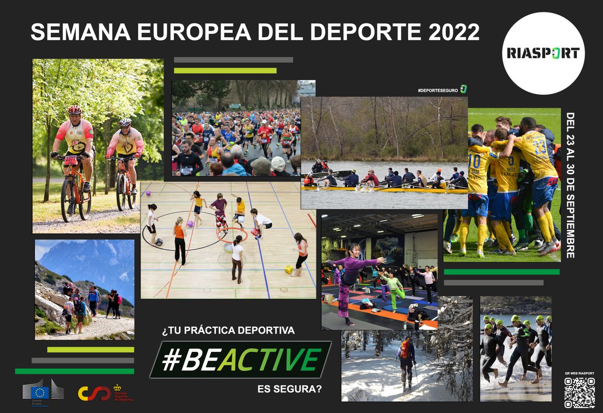 RIASPORTSD's tweet photo. Desde #RIASPORT nos sumamos al apoyo de la Semana Europea del Deporte 2022, iniciativa de la Comisión Europea, que se celebra del 23 al 30 de septiembre, con el fin de promover la actividad física y buenos hábitos alimentarios entre la población. #BEACTIVE #DeporteSeguro https://t.co/x2LBkLre2m