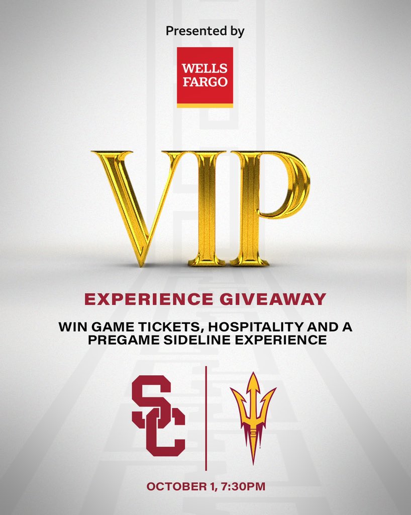 USC Trojans (@usc_athletics) on Twitter photo We’re giving one lucky fan a VIP experience at this Saturday’s <a href="/uscfb/">USC Football ✌️</a> game, presented by <a href="/WellsFargo/">Wells Fargo</a>!
Retweet to enter for your chance to win! We’re giving one lucky fan a VIP experience at this Saturday’s <a href="/uscfb/">USC Football ✌️</a> game, presented by <a href="/WellsFargo/">Wells Fargo</a>!
Retweet to enter for your chance to win!