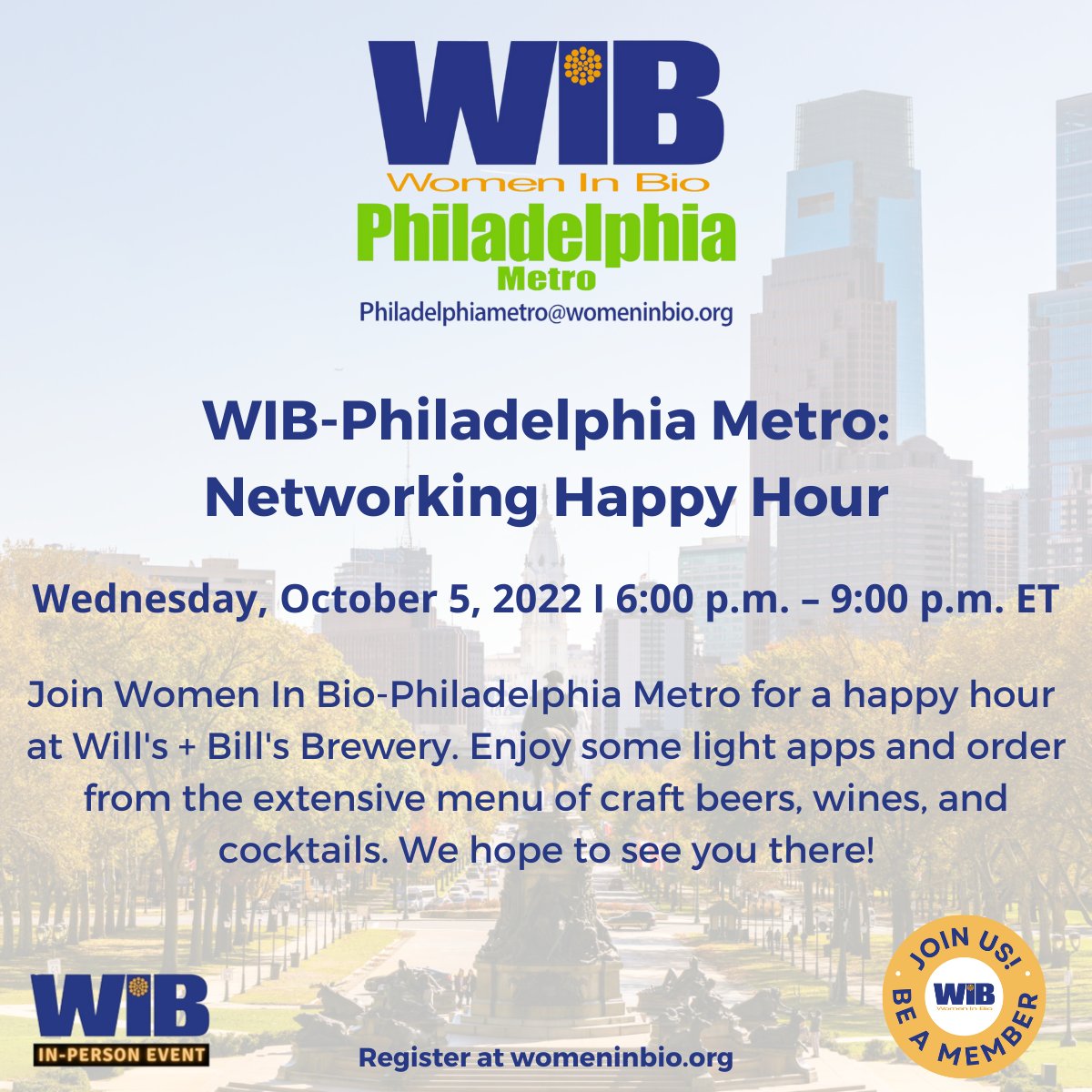 WomenInBio's tweet photo. Join Women In Bio-Philadelphia Metro for a happy hour at Will's + Bill's Brewery. Enjoy some light apps and order from the extensive menu of craft beers, wines, and cocktails. We hope to see you there! #WIBPhiladelphiaMetro #WomenInBio #NetworkingHappyHour #JoinUs https://t.co/16BECgKsAQ