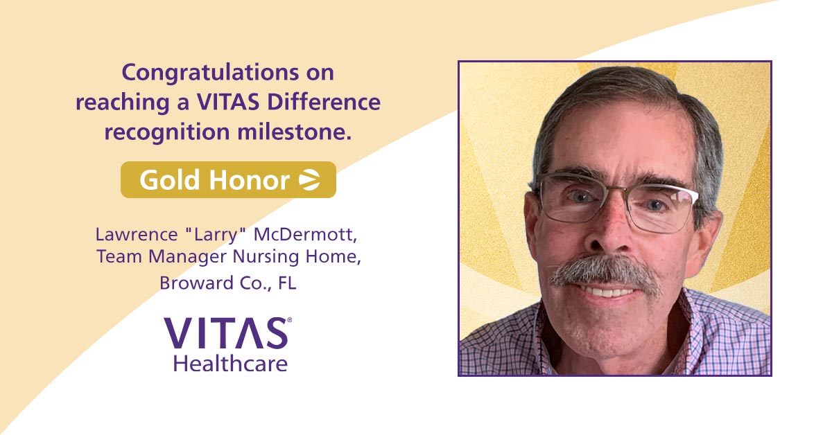 VITAS's tweet photo. “A team player,” “an educator,” and “all-around great person” are just a few or the words colleagues have used to describe Larry McDermott. His compassion, commitment, and can-do attitude have earned him the first #VITASDifference gold pin.
 
#Congrats #VITAS #Hospice #GoldPin https://t.co/i7Ax0k4G1Z