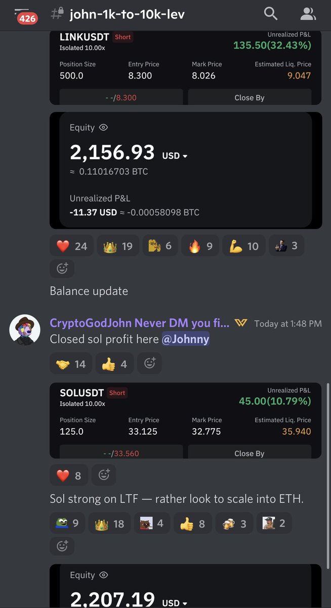 CryptoGodJohn's tweet photo. $1k to $10k leverage  update 🚨

After taking two losses yesterday and  knocking my balance back to $1,890, I was able to get back on track today 

Closed $ETH $LINK $SOL trades for profits 

New balance: $2,207 

@WalshWealthWWG https://t.co/evspxYboHg