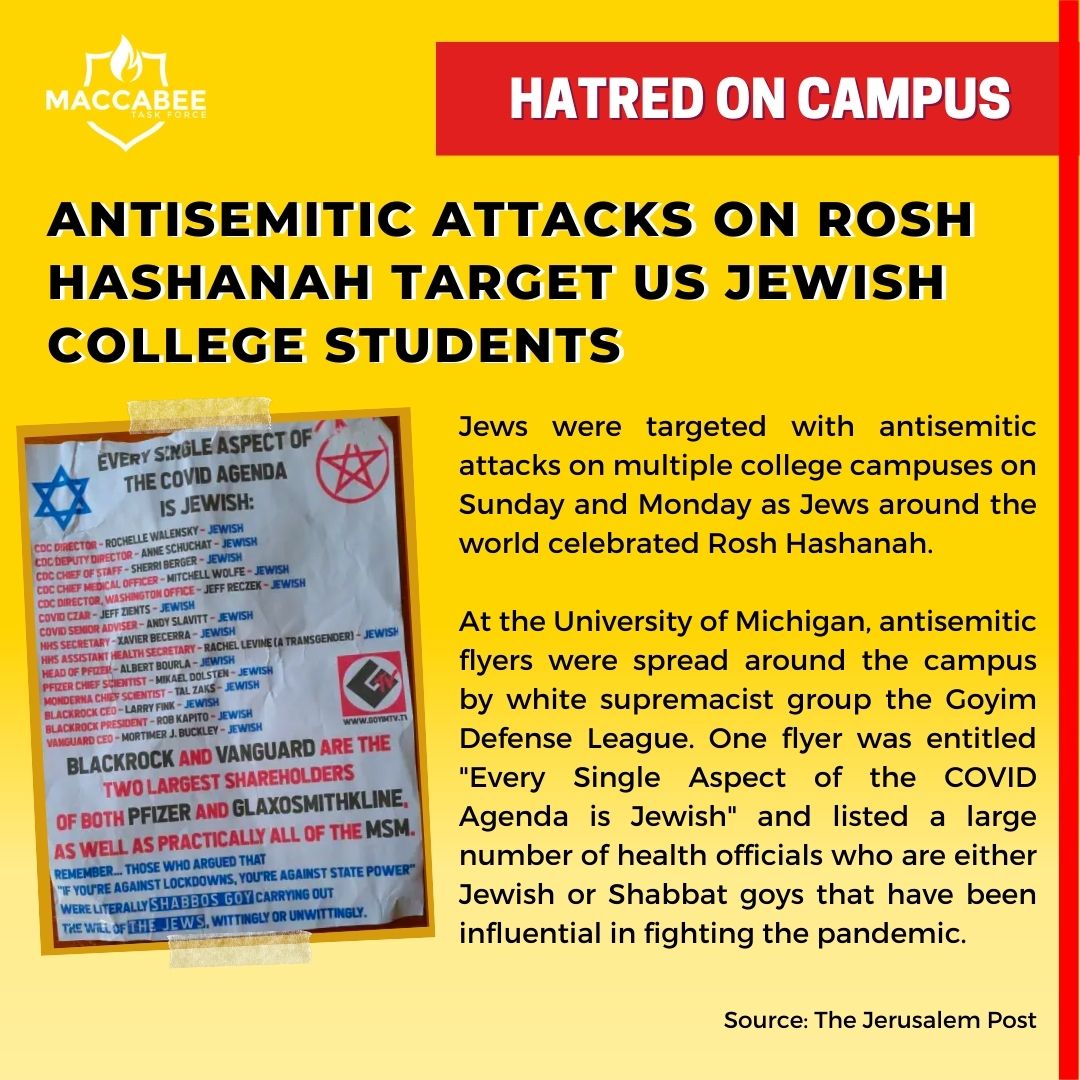 MacTaskForce's tweet photo. Hatred on campus during the Jewish New Year. Antisemitic flyers were distributed at University of Michigan, and eggs were thrown at a Jewish fraternity house at Rutgers University. We will not stand for this hatred. #EndJewHatred #HateonCampus #Israel https://t.co/jZaCGKUVXu