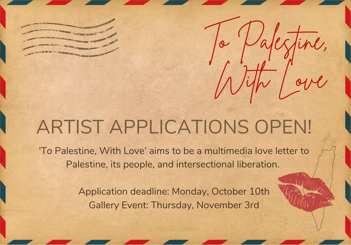 Apply to our latest show: queerartsfeatured.com/apply-now

"To Palestine, With Love" open to Queer Palestinians &amp; their Allies!

It aims to be a multimedia love letter to Palestine, its people, and intersectional liberation.