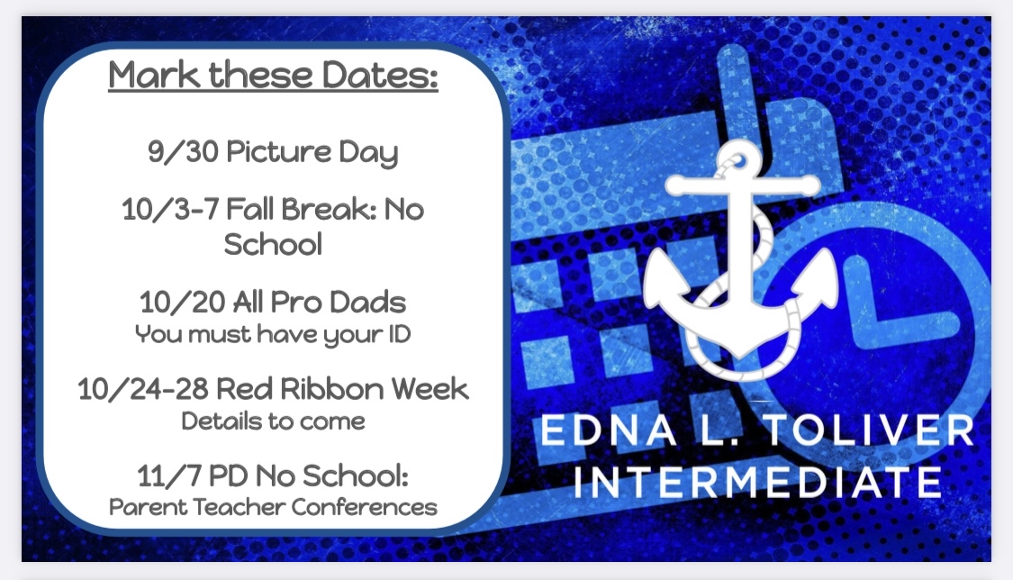 EdnaLToliver's tweet photo. Mark these events! Picture day is THIS Friday and Fall Break is next week, No School 10/3-7! https://t.co/23BsZgPlFE