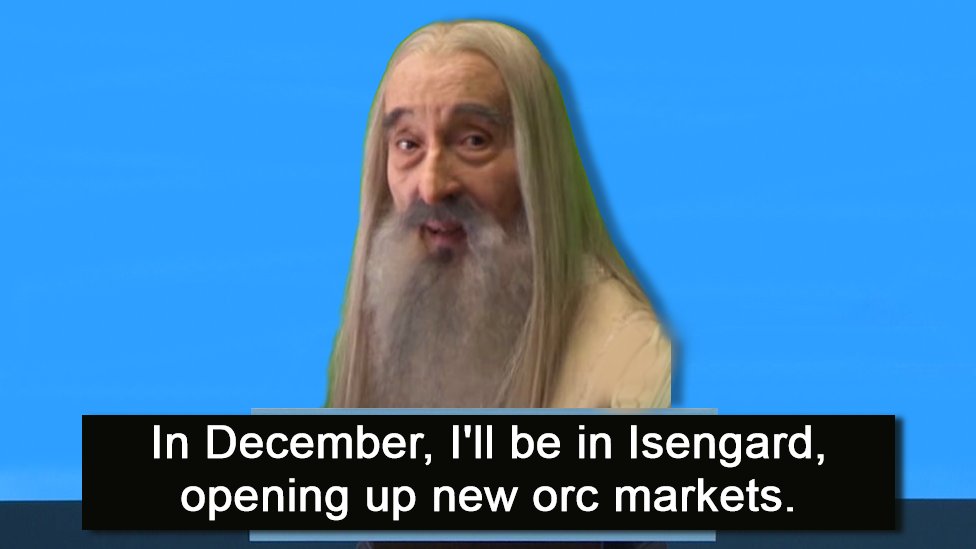 Saruman gives a speech at the Tory Party Conference: "In December, I'll be in Isengard, opening up new orc markets."