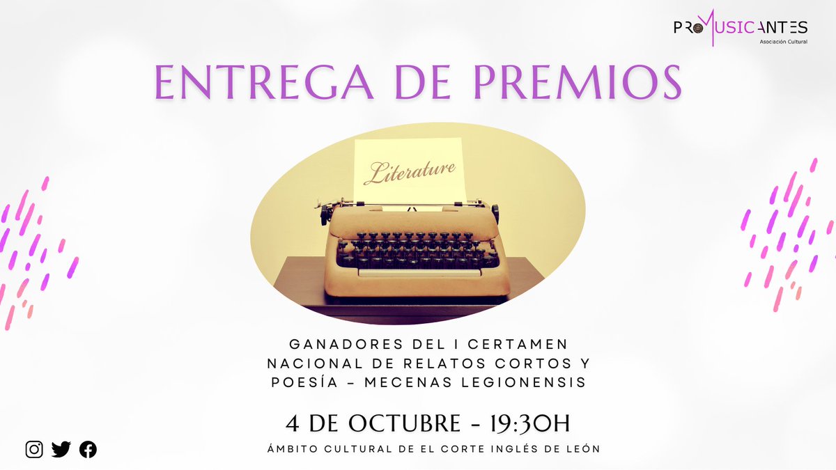 Promusicantes's tweet photo. Menos de una semana para conocer a los ganadores del I Certamen Nacional de #RelatosCortos y #Poesía Mecenas Legionensis 😱

🗓️ 4 de octubre
⏰19:30h 
📌 Ámbito Cultural de @elcorteingles de #León.

¡Te esperamos! https://t.co/OImEktWIYx https://t.co/CBMl50tPtY
