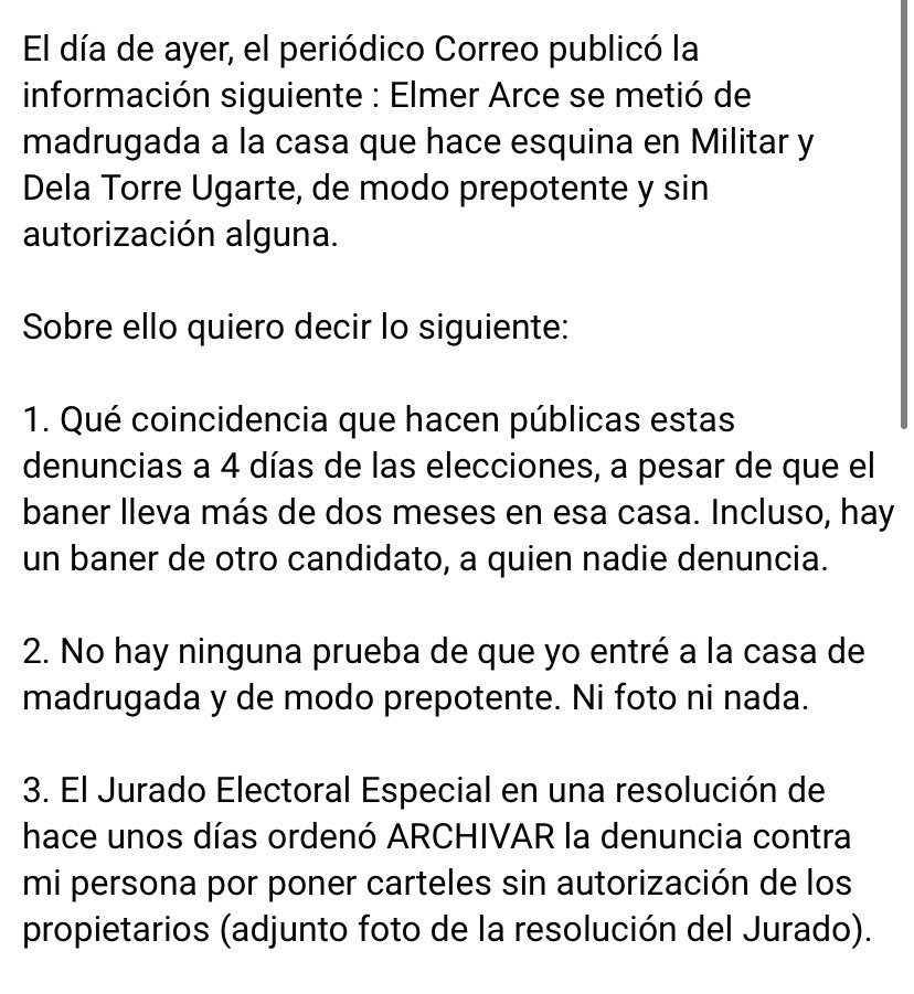 elmerarceortiz's tweet photo. Ante una absurda afirmación publicada en el diario @diariocorreo sobre mi persona, atribuyéndome hechos completamente falsos, señalo lo siguiente: https://t.co/kYbr2SsV2j
