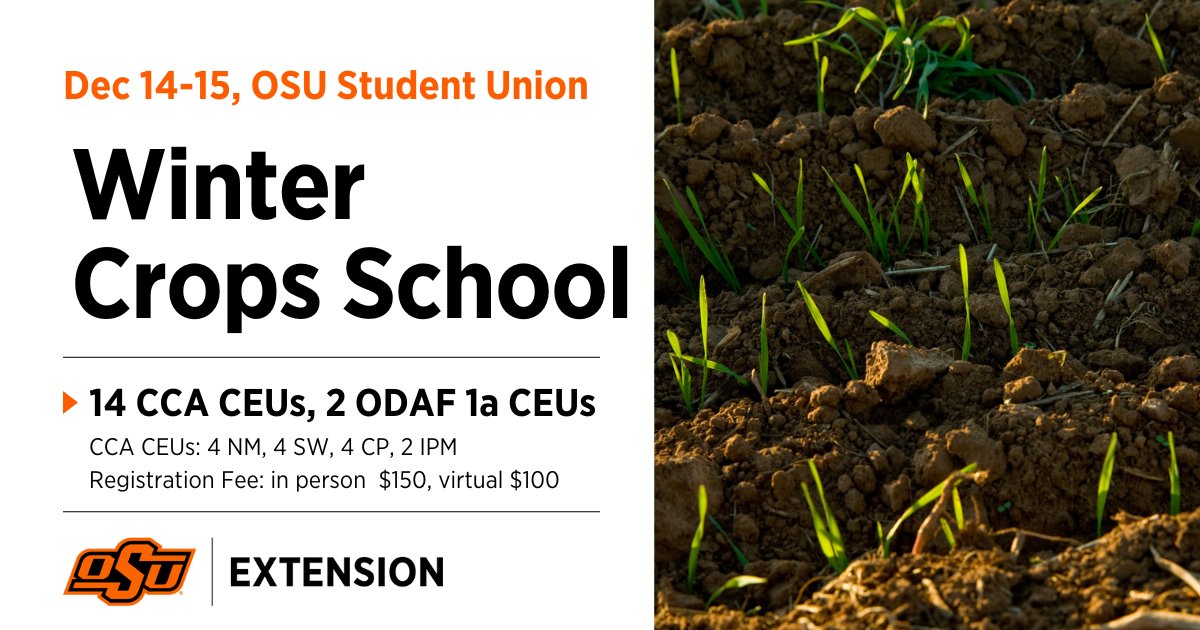 OSU Winter Crops School registration is open!! Dec 14-15 early bird registration $150, virtual $100, educators $90. Will be sharing topics and speakers as we move forward. secure.touchnet.com/C20271_ustores… @okstate_ag @CCASoundAdvice