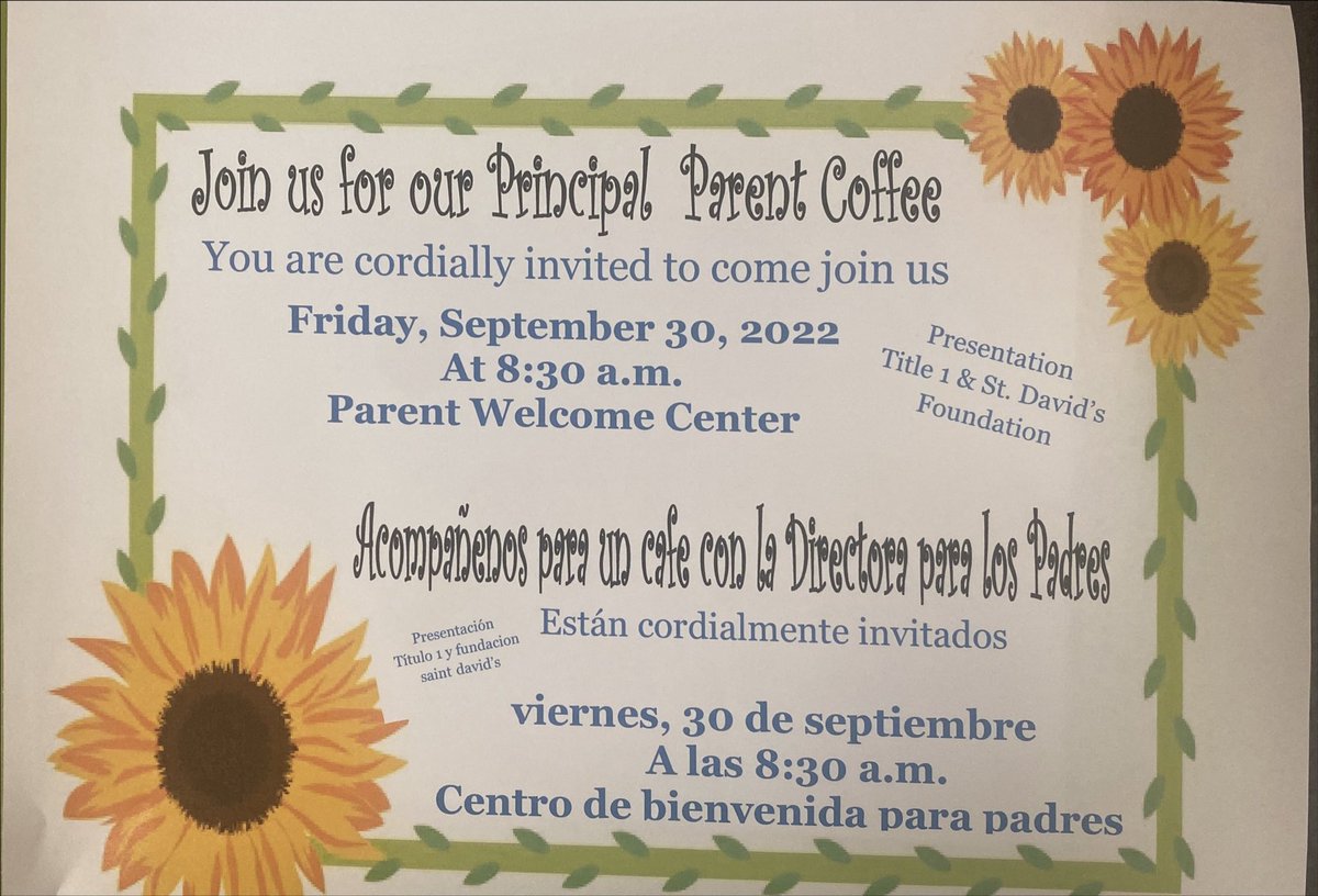 We hope our parents can join us this Friday @ 8:30 for our Principal Parent Coffee. Share your voice! Esperamos que nuestros padres puedan unirse a nosotros este viernes a las 8:30 para nuestro café con el director para padres. ¡Comparte tu voz!