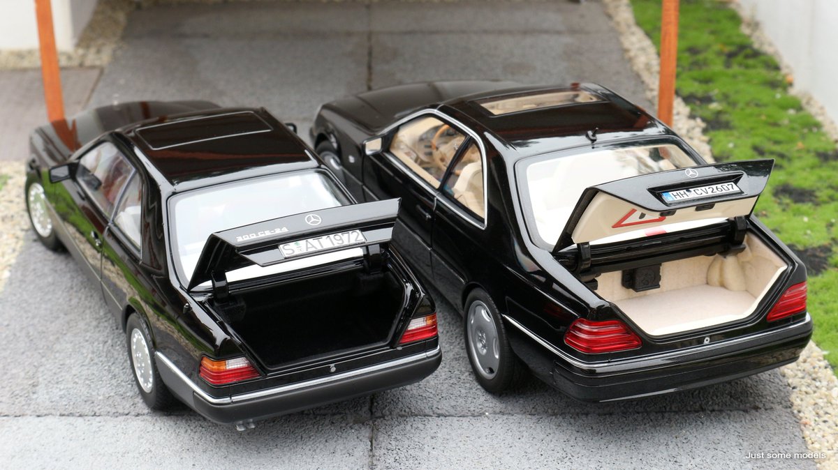 justsomemodels's tweet photo. The little one and the big brother.

- 1/18 Mercedes-Benz C124 300CE-24 Coupe 1990 (1 of 300pcs), black metallic - Norev
- 1/18 Mercedes-Benz C140 CL600 1997, black metallic - Norev

#mercedescoupe #c140 #cl600 #clclass #c124 #300ce24 #118scale #diecast #modelcar #norev #diorama https://t.co/Fwz70J7wPw