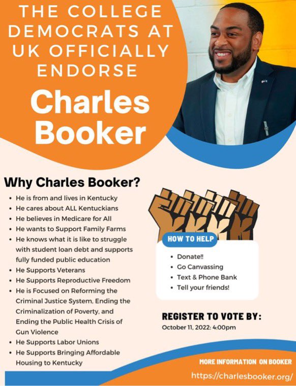 ukydems's tweet photo. We are proud to officially endorse the Democratic nominee and next senator from Kentucky, @Booker4KY !! https://t.co/aLrRqyUGfe