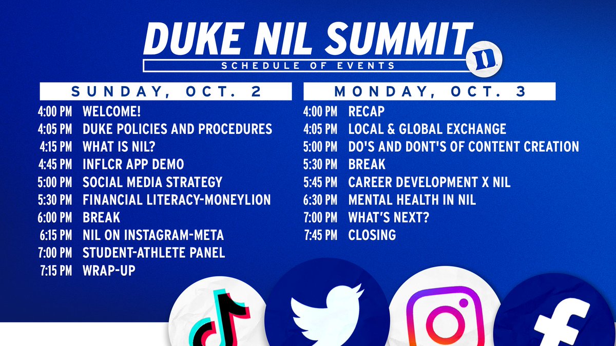 DukeATHLETICS's tweet photo. Blue Devil student-athletes, stop by our NIL Summit Sunday-Monday:

💡 Learn about NIL
📸 Collab &amp; create content
😈 Have fun

Details » https://t.co/rre3SGawy4 https://t.co/XvTdEqTi5B