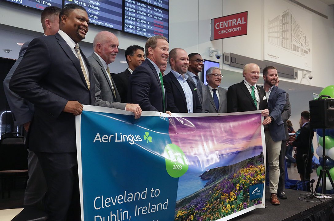 CLEMayorsOffice's tweet photo. It’s official — @AerLingus will now be offering nonstop flights from Cleveland to Dublin and connections to 20 other popular European destinations. It must be the luck of the Irish! ☘️🇮🇪 https://t.co/ZBEZUKjJQw