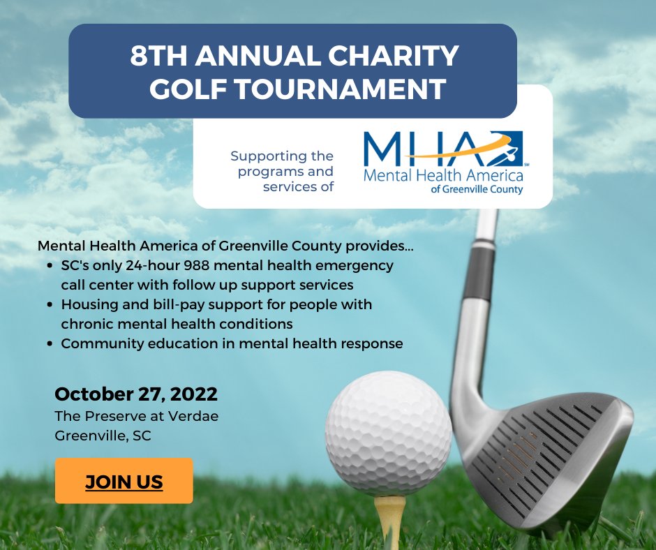 mhagreenville's tweet photo. Join us for a day of fun and Golf! Registration is open for teams, or sponsor a hole! Contests, games, prizes, and more. Proceeds go to help fund our programs including the only 988 call center in South Carolina. #Golfforgood #988 #Mentalhealthmatters #yeahTHATgreenville #mhagc https://t.co/kXaa6DE7qk