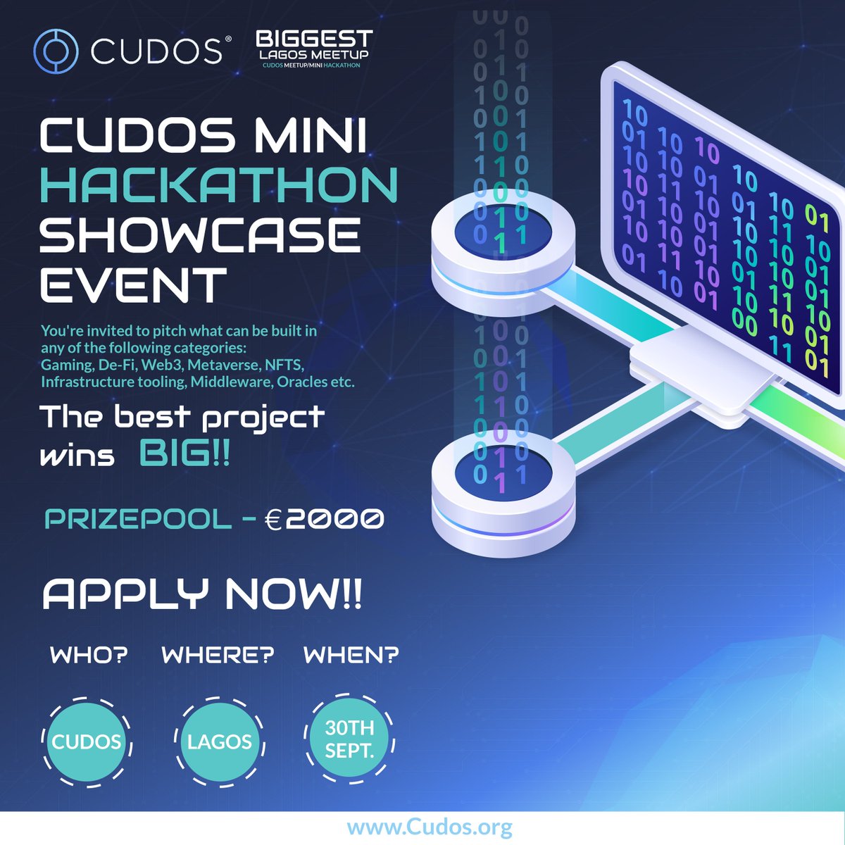 eni4sure's tweet photo. There's a mini project pitch hackathon happening at the @CUDOS_ Lagos meet-up, this Friday with a total prize pool worth 2000 GBP (ยฃ 2,000)
Submit your application -
https://t.co/e7eNIHOtdZ
Register for the event -
https://t.co/NAnUGSwAmZ
#CUDOSLagosMeetup https://t.co/iktreW6vcu