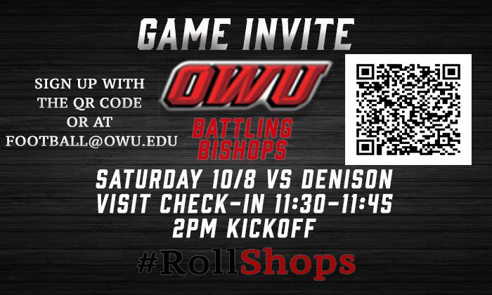 OWUBishopFB's tweet image. You are now able to register for Game Visits using our link or QR Code! See you on October 8th! #RollShops

Link: 
docs.google.com/forms/d/e/1FAI…