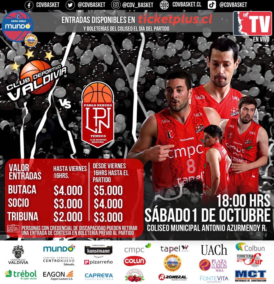 CDVBasket's tweet image. 🔴 | ¡JUGAMOS EN CASA!

🏀 Club Deportivo Valdivia 🆚 CDB Pablo Neruda.
📆 Sábado 01/10 - 18:00 hrs.
📍Coliseo Municipal Antonio Azurmendy Riveros.
🏆 Copa Chile Mundo 2022 by Cecinas Llanquihue.
🎫 Venta de entradas desde este miércoles por TicketPlus.