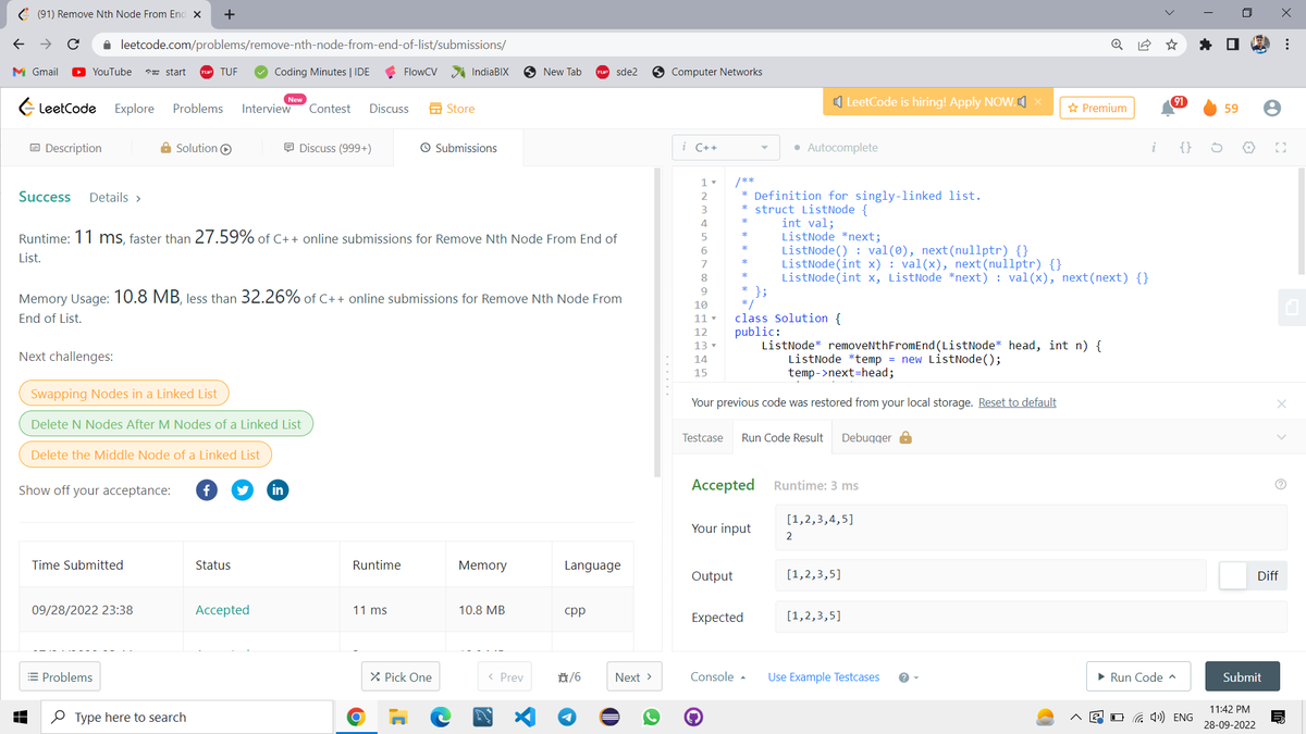 mpathak382's tweet photo. Completed Day 90 of the 100 Days of Code Program by  @CodeinCommunity Supported by @MinutesCoding

I solved remove nth Node on Leetcode.
https://t.co/Vf5jcd52qX
Discord -https://t.co/DXwhp7UUAT

#100daysofcodechallenge #codeincommunity  #codein100daysofcode #100DaysOfCode https://t.co/a5TDNBPfLV