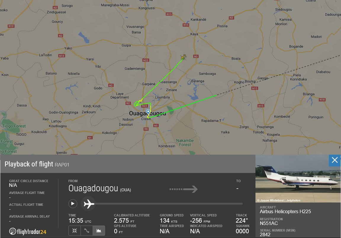 #BurkinaFaso🇧🇫 This morning, two Airbus H225 helicopter (reg. N551AC & N576AC) linked with the US🇺🇸 military flew from Niamey to #Ouagadougou. From the airport, the helicopters left the city for the north-east at noon & returned after 4 hours. They have since returned to Niamey.